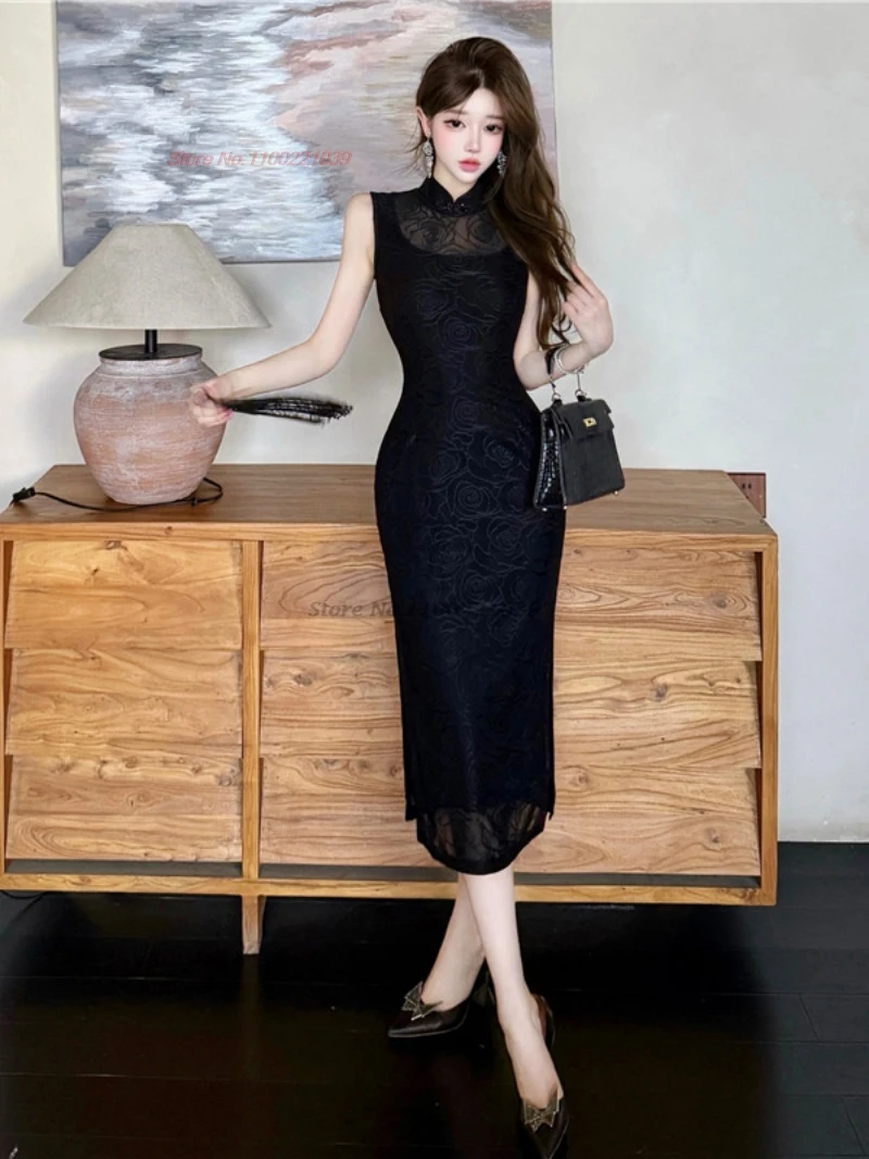 

2026 chinese nightclub dress improved mesh cheongsam traditional jacquard sleeveless qipao dress retro bodycon banquet qipao