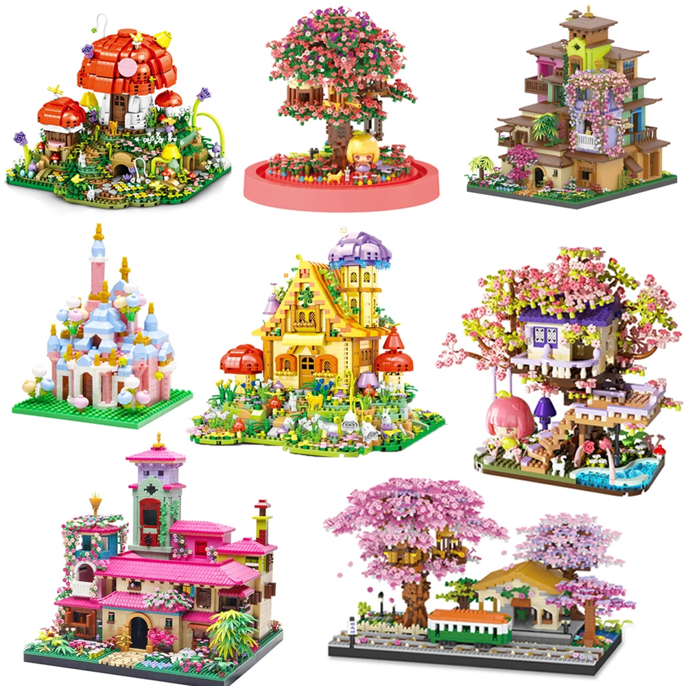 

Magic Forest Tree House Building Blocks Flower Mushroom Sakura Courtyard Architecture Model Mini Brick Toy for Girl Santa Gift