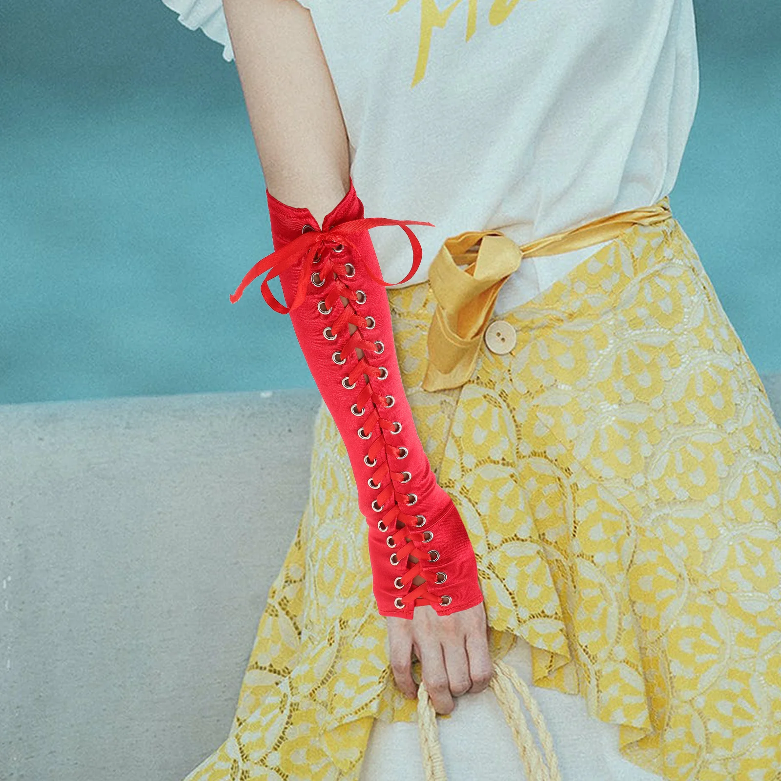 

1Pair Satin Punk Ribbon Gloves Adjustable Lace-Up Masquerade Party Performance Soft Comfortable Fashionable Long Gloves