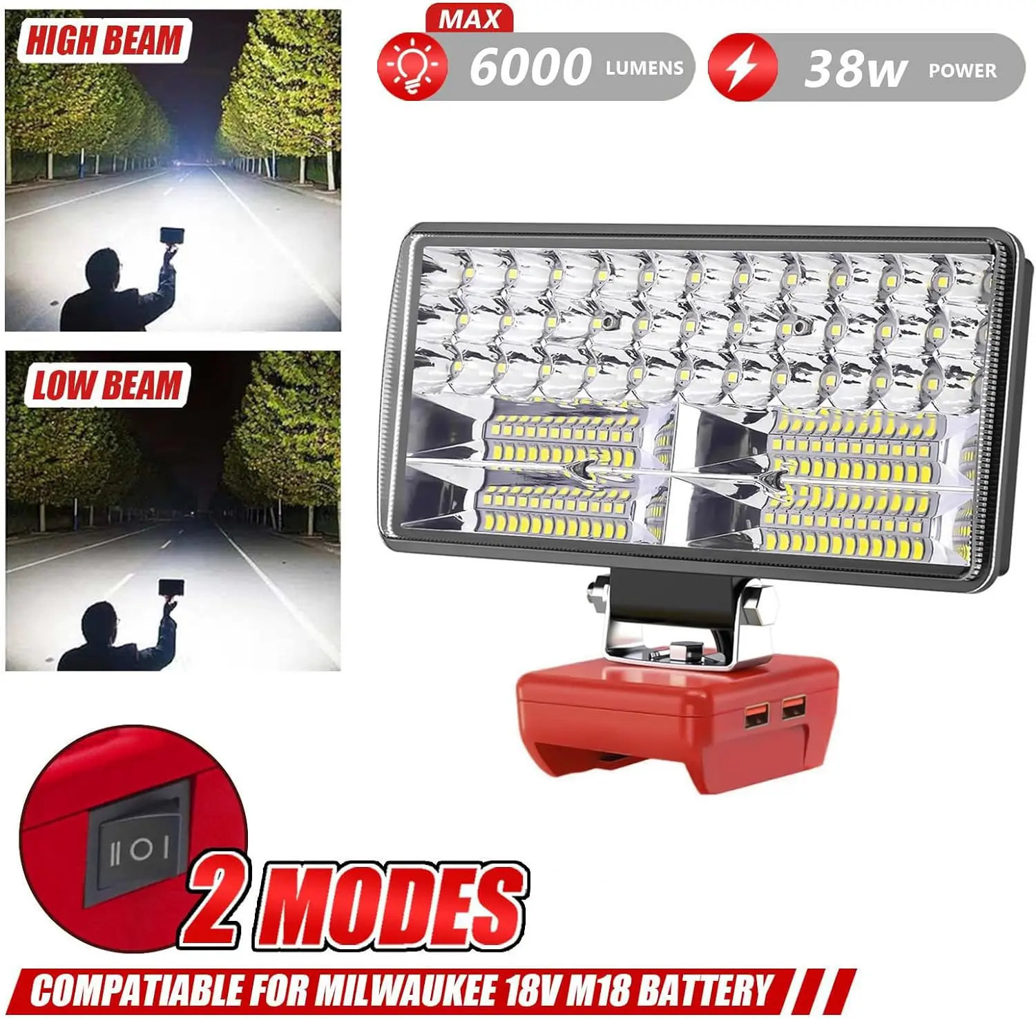 6000 LM 38W Cordless LED Work Light Compatible with Milwaukee 18V Battery 2.1A USB Portable Flashlight  Flood Light with 2 Modes