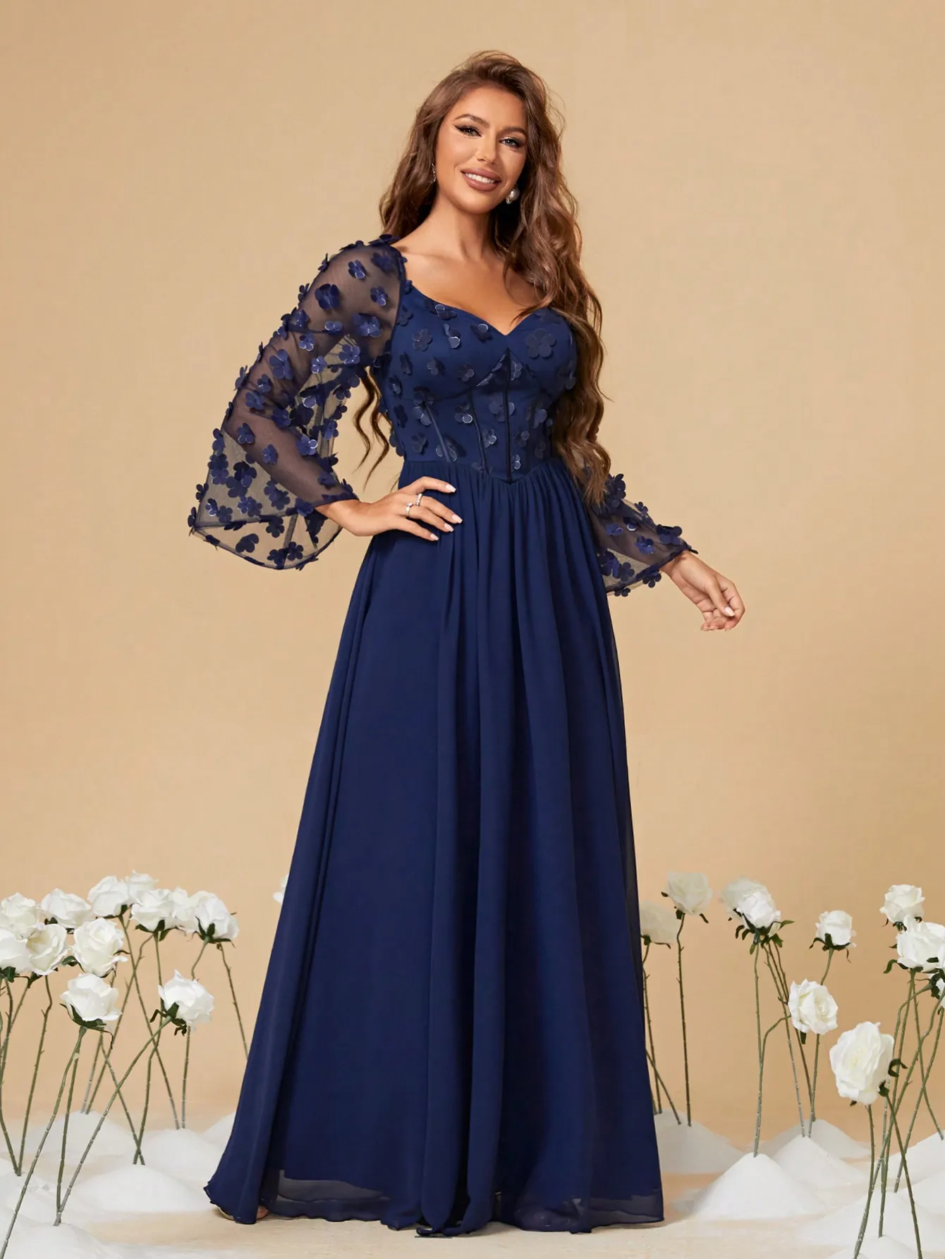 Mgiacy Princess collar long sleeve three-dimensional floral patchwork chiffon A full-length evening gown ball dress Party dress