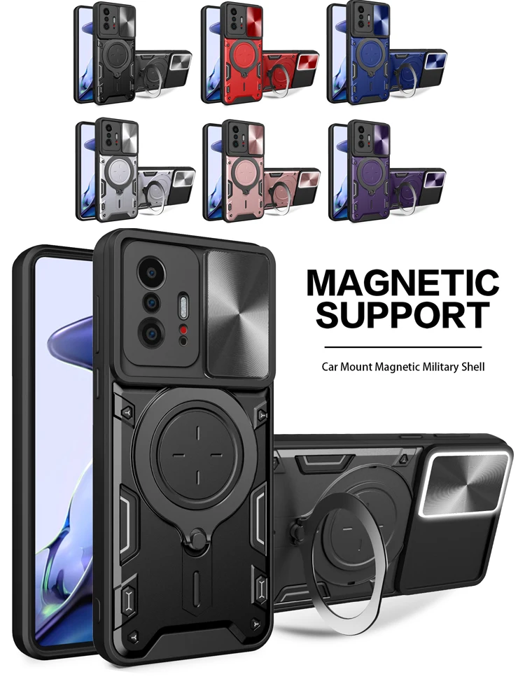 For Xiaomi Mi 11T 11 Lite 12 12T 13 13T Pro Case Shockproof Armor Magnetic Ring Holder Slide Lens Protect Funda