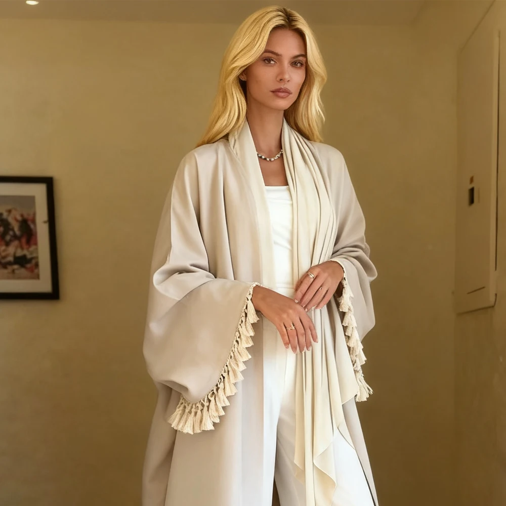 ラマダン ドバイ アバヤ 女性用 ムスリムドレス オープンアバヤ フリンジ付き キモノ カフタン マロカン フェム ローブ ドバイ アバヤ イスラム服