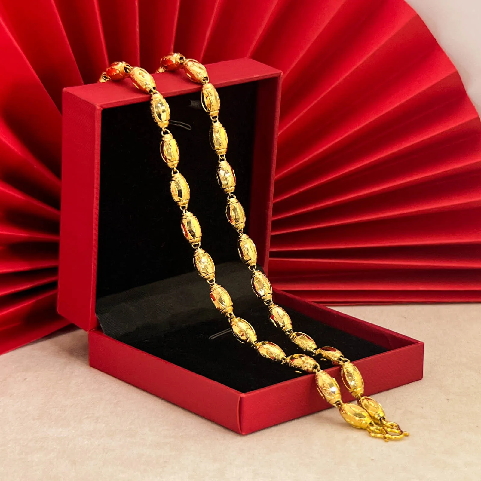 2026 Fashion Men's Brass Gold Plated Hollow Thin Wall Olive Beaded Necklace For Daily Wear And Gift 7mm Wide 60cm Long 21g
