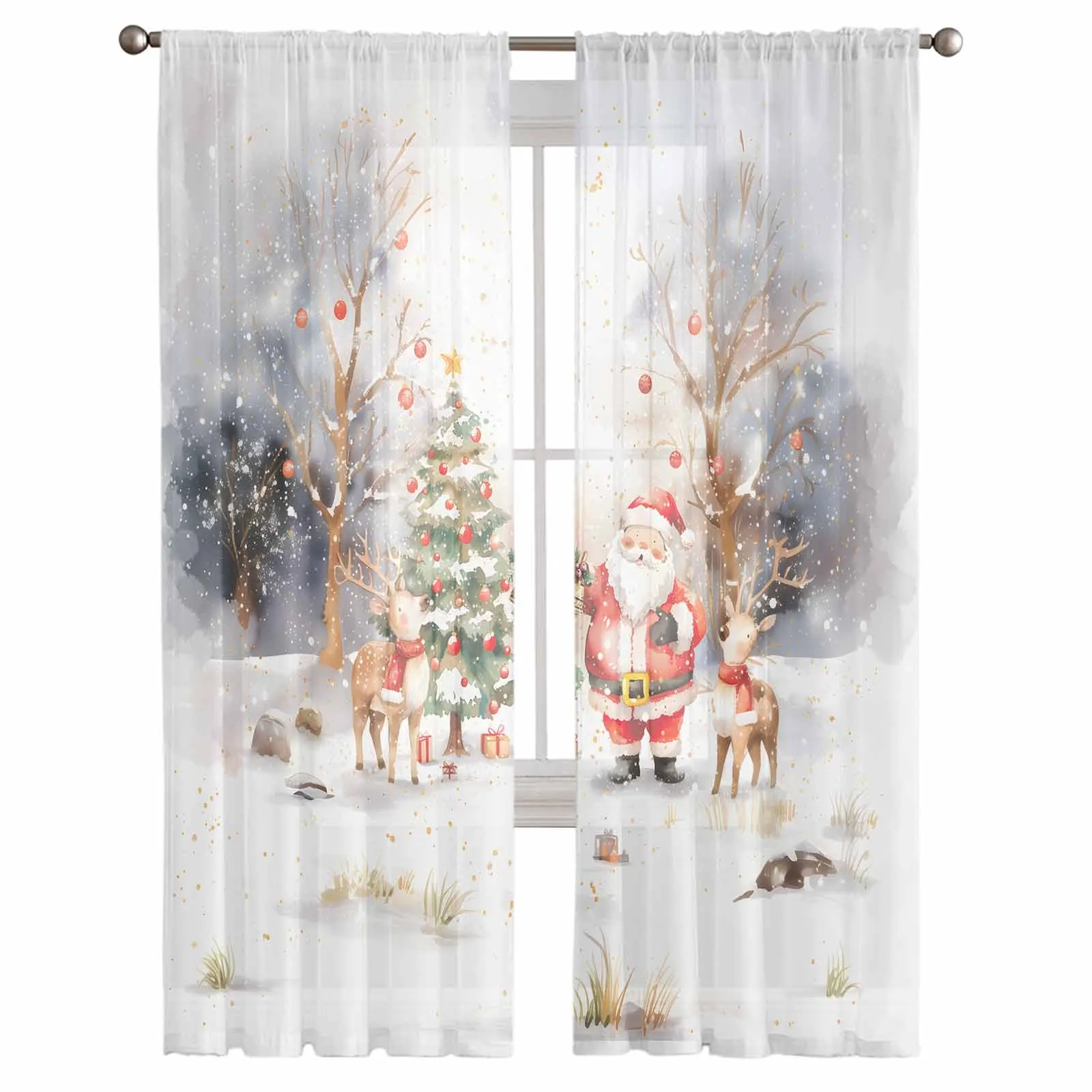 Christmas Santa Claus Reindeer Snow View Window Tulle Curtains for Living Room Kitchen Christmas Home Decor Sheer Voile Curtains