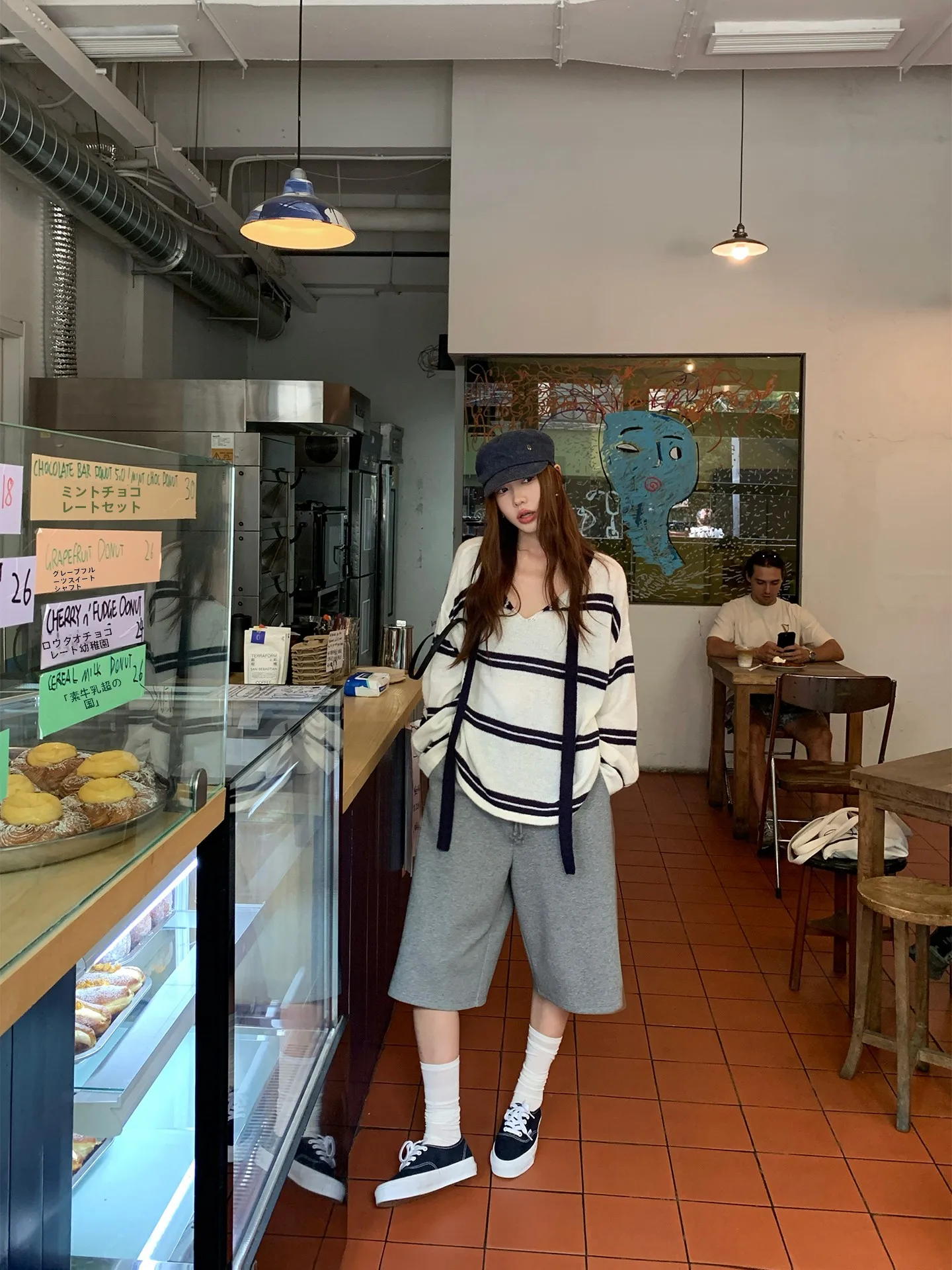 

Casual V-Neck Women's Knitwear Summer New Style Loose Fit Striped Cashmere Sash Long Sleeve Warmth Youth Full Range of Motion