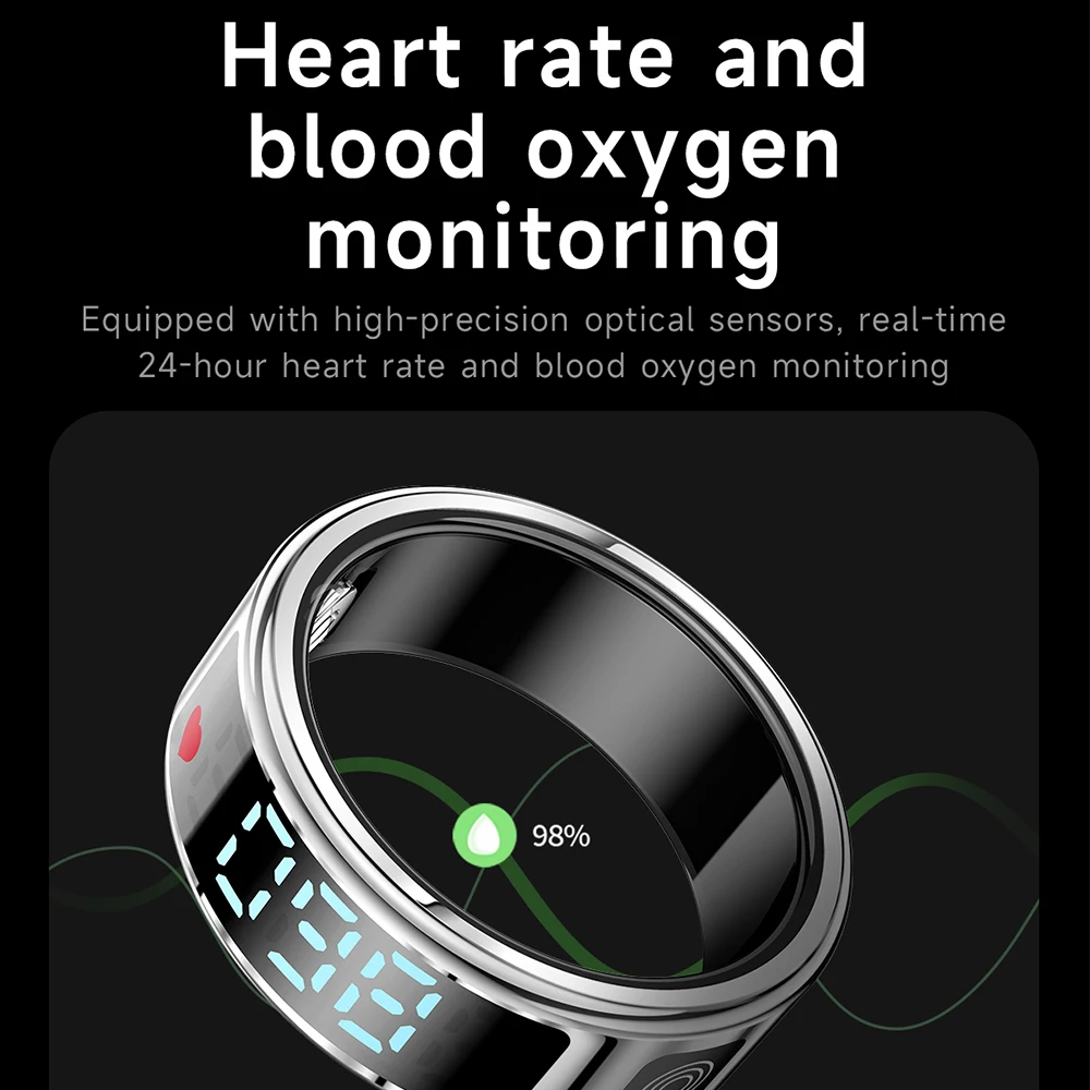 SR08 Moda Smart Ring Display Schermo Smart Touch Acciaio inossidabile 5ATM IP68 Anello da dito impermeabile Health Tracker Uomo Donna