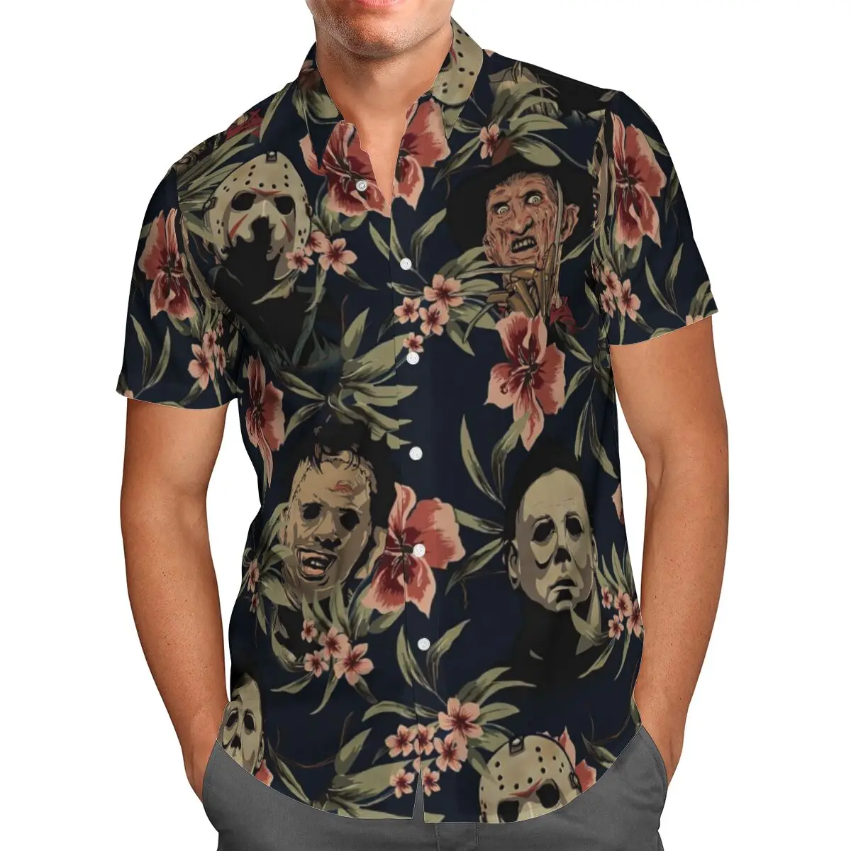 2024 Hawaiian Halloween Terror Jck Skull Ghost Men\'s Floral Casual Short Sleeve Large Street Clothes 3D Beach Summer Plus Size