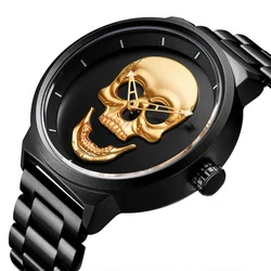 Reloj de pulsera de acero inoxidable para hombre, cronógrafo deportivo con movimiento de cuarzo, resistente al agua, a prueba de golpes, con calavera 3D, estilo Punk