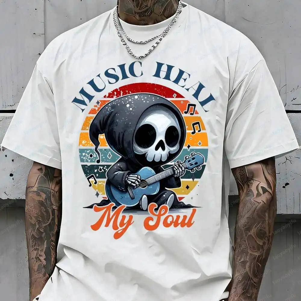 Men's Funny Music Heal My Soul Grim Reaper Guitar T-Shirt Retro Sunset Music Graphic Print Cotton Casual Music Lover Novelty Top