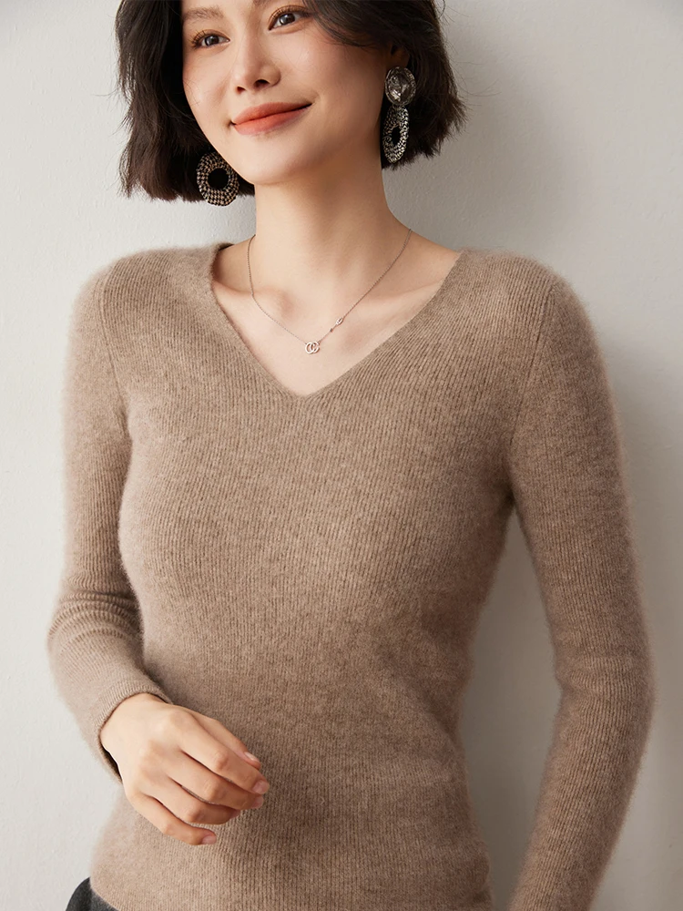 Grace Women Cashmere Pullover V-neck Basic Slim Sweater Autumn Winter 100% Cashmere Knitwear Split Sleeve Solid Comfort Clothing