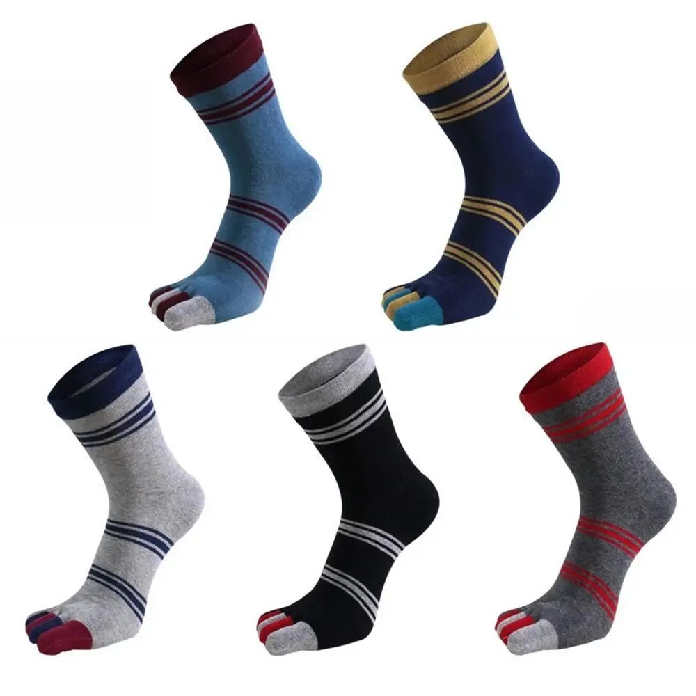 

Breathable Elastic Five Toe Cotton Middle Tube Striped Male Hosiery Five Finger Socks Crew Socks Toe Socks