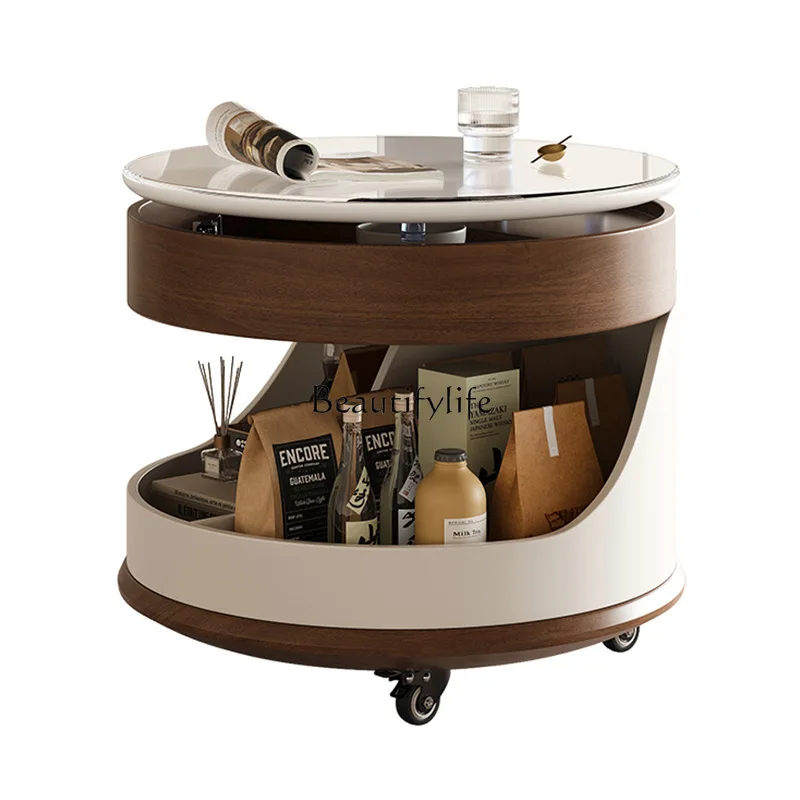 

Round living room small coffee table movable trolley simple modern rotating lifting edge few solid wood locker