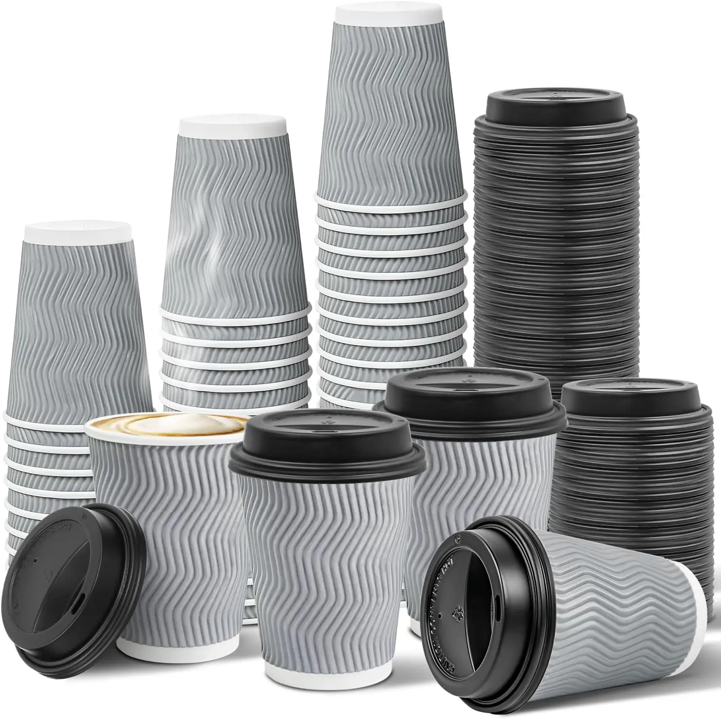 

100 Pack 12 oz Disposable Insulated Coffee Cups With Lids, Double-Walled Ripple To Go Paper Travel Cups for Hot Drinks -