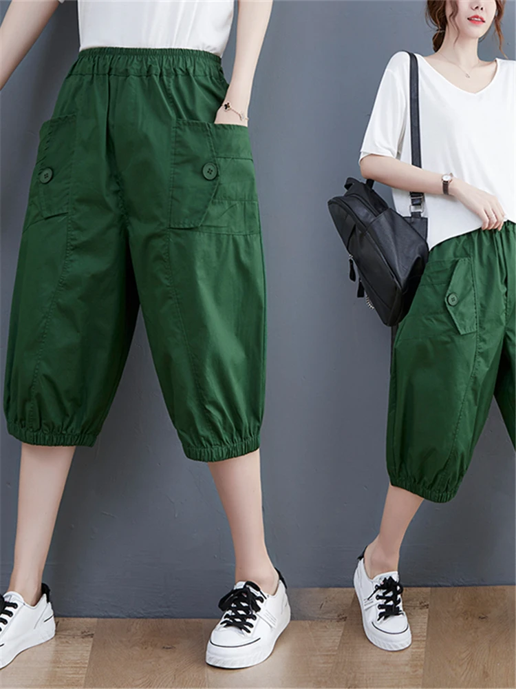 Casual Harlan Women's Pants Elastic Waist Slimming Five-Quarter Length High Waist Korean Style Commute Wind Loose Fit Summer ... 3