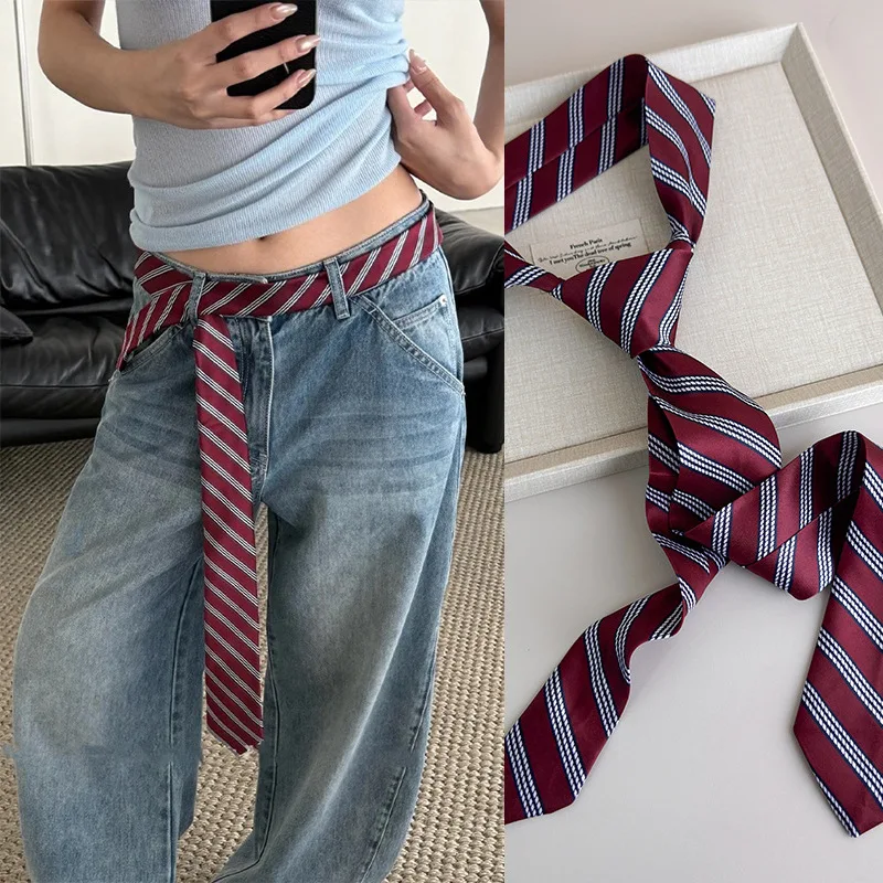New Women Striped Tie Belt, Multifunctional Waist Decoration, Fashion Necktie Waistband Ornament for Daily Styling