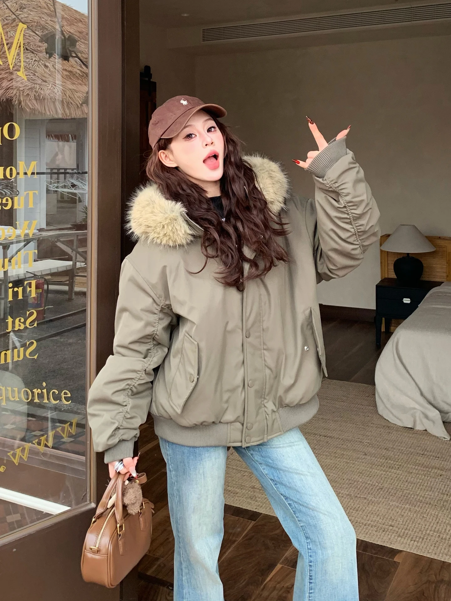 

Warmth Women's Flight Jaet Coat Hooded Parka Sle Fake Fur Collar Thiened Cotton Inner Sve Long Zipper Closure ...