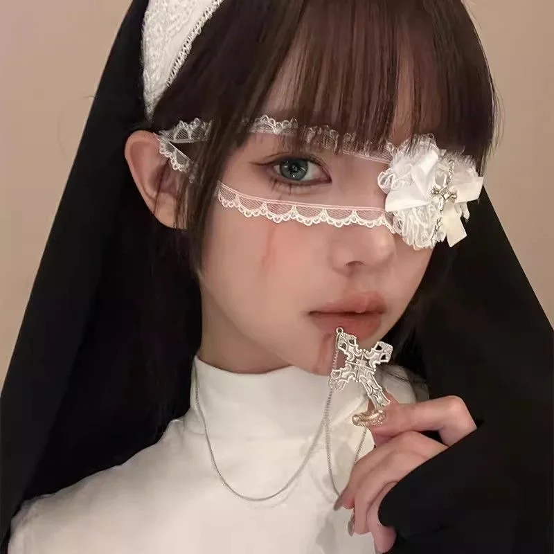 Czarna biała koronkowa przepaska na oko dla dziewczynek Cosplay Steampunk krzyżowe okulary gotyckie akcesoria Lolita