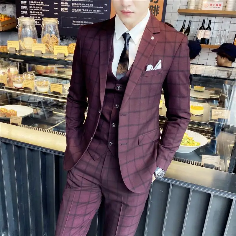 2023 Heren Britse Mode Driedelige Set Slim Fit Pak Vest Broek Ensemble Knappe Trendy Alles-in-een Banket Blaze - afbeelding 1