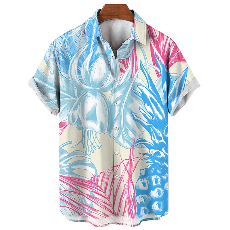 Men\'s Summer Hawaiian Shirt Lapel Collar Tropic Plants Flamingo 3d Print Short Sleeve Fashion Vacation Beach Top Aloha Shirts