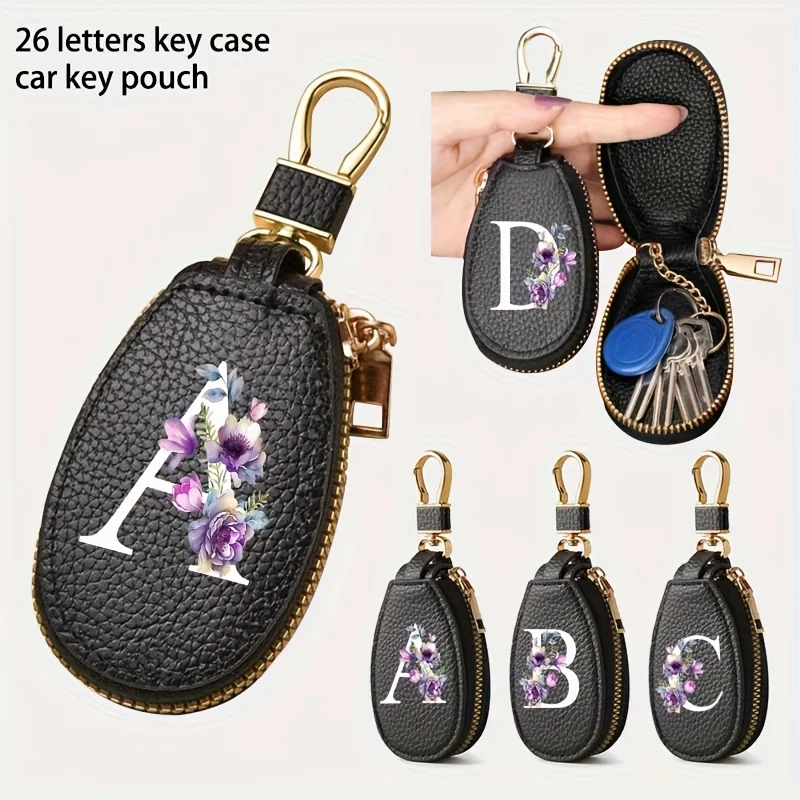 Litschi-Muster Schlüsselhalter - Weißer Blumen-Alphabet A-Z Autoschlüssel-Schutzhülle Leder-Schlüsselaufbewahrungsclip Mini-Autoschlüssel Unisex-Geschenk