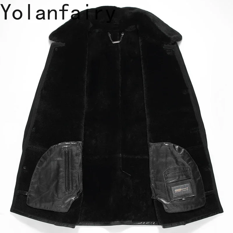 

YOLANFAIRY 100% Sheep Shearing Coat Natural Fur Coats for Men Business Midi Long Thick Sheepskin Real Leather Jacket Men FCY
