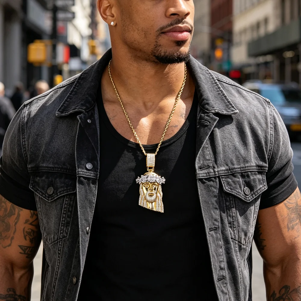 Men's Hip Hop Iced Out Jesus pendant necklace, rose crown fully covered, shimmering CZ character avatar, rope chain jewelry