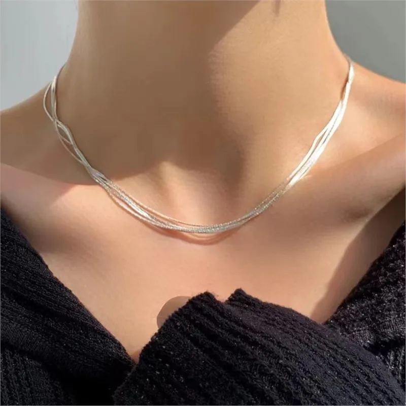 New Korean Style 925 Sterling Silver Jewelry Superfine Multi-layer Snake Bone Nude Bamboo Clavicle Chain Necklaces XL110