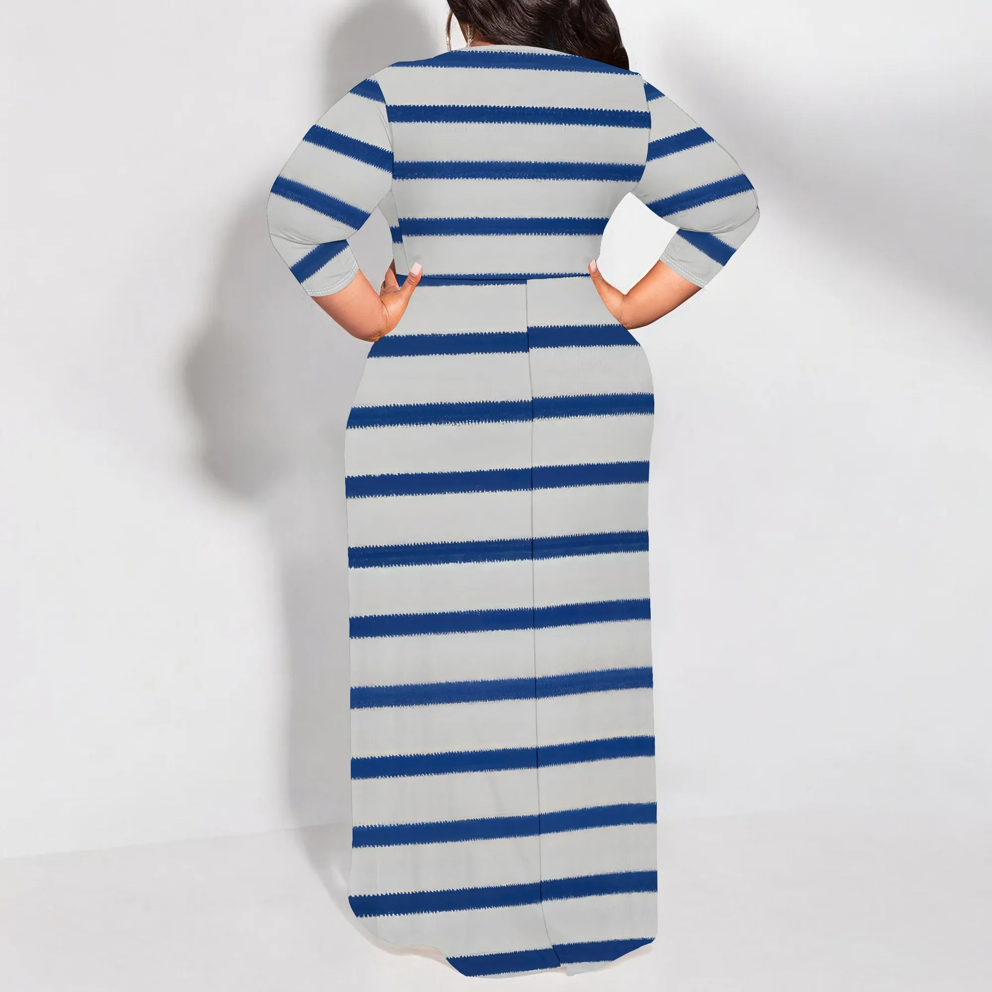 Striped V Neck Casual Waist Drawstring Daily Long Maxi Dress