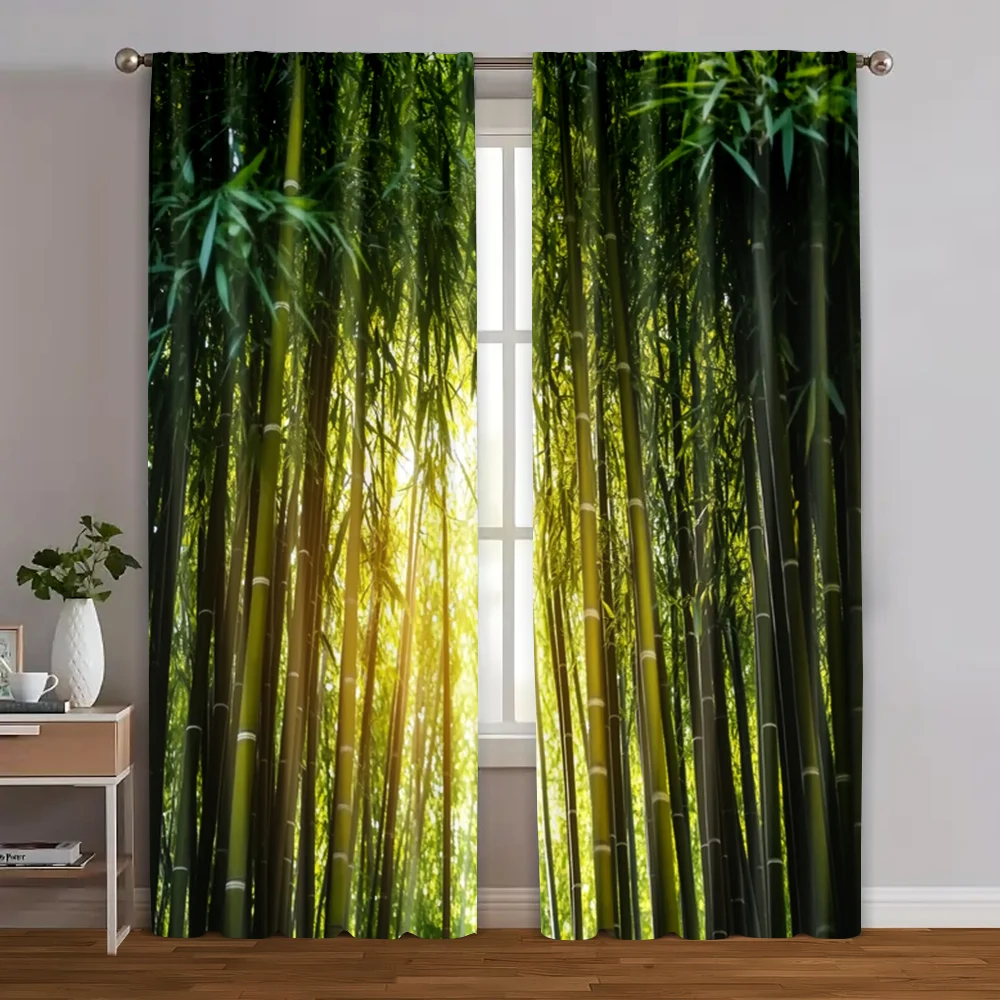 

2pcs, Creative Curtains Bamboo forest under the sun Machine Washable Fabric (without rod) Decorations Outdoor Ldeal for Bedroom,