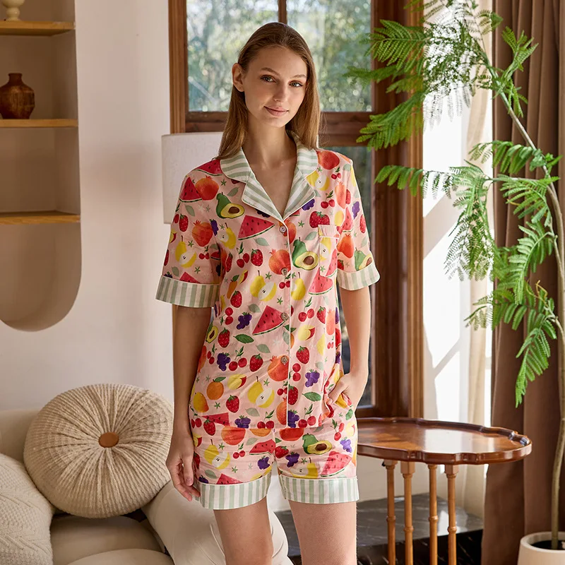 

Женская пижама с мультяшным фруктовым принтом, комплект из 2 предметов: розовая хлопковая пижама с коротким рукавом, ночная одежда, домашняя одежда в стиле кавай, 2026