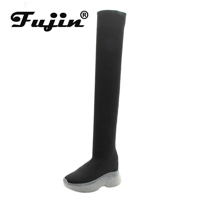 

Fujin 8.5cm New Spandex Stretch Fabric Summer Autumn Platform Wedges Over Knee High Boots Slip on Woman Modern Hidden Heel Shoes