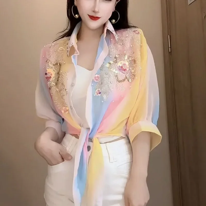 

Fashion Women's Polo Collar Sunscreen Shirts New Summer Cardigan Button Rivet Half Sleeved Patchwork Sequined Chiffon Loose Tops