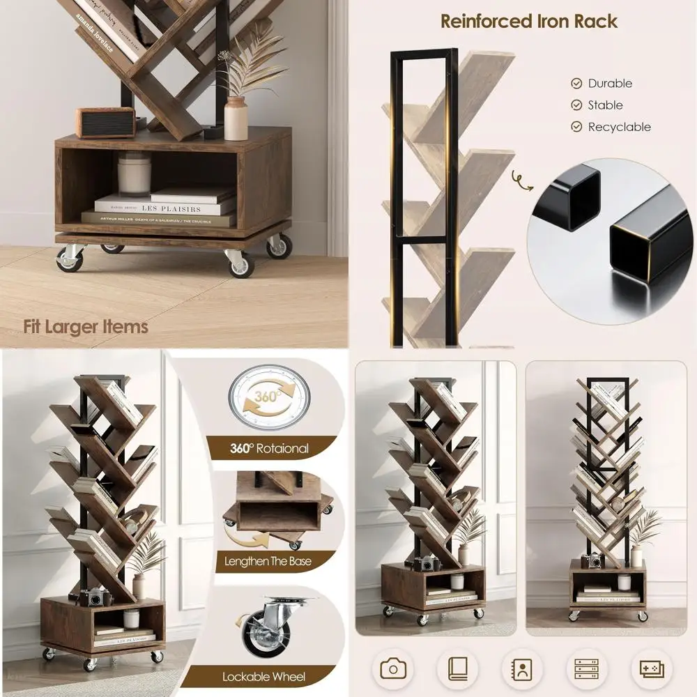 

Вращающийся книжный шкаф в деревенском стиле, коричневый, 14-ярусный, для небольших помещений: хранение книг, DVD-дисков, журналов в домашнем офисе или гостиной