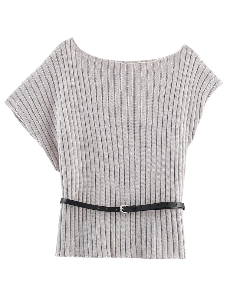 

2025 Autumn Winter Women Fashion Asymmetry Knitted Top Vintage Leisure Short Sleeve With Belt Female Pullovers Chic Knitwear Top
