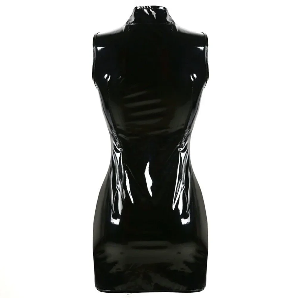 ジッパー付きタイトなPVCパンクドレス,黒,スリム,パテント,セクシー,クラブウェア,パーティー,DSコスチューム