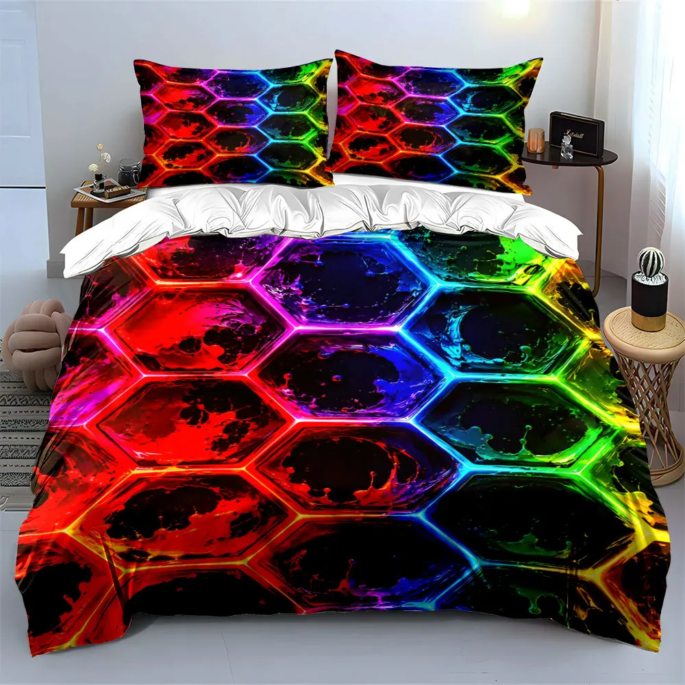 Colorful Hexagon Pattern Design Print Bedding Set 1 Duvet Cover 2 Pillowcases for Adult and Children Luxury Gift Full Size