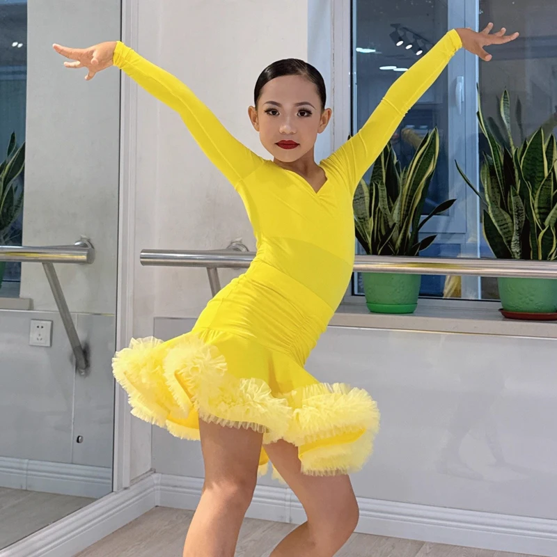 

Модное платье для латинских танцев по национальному стандарту, желтое платье для соревнований по бальным танцам, одежда для выступлений по латинским танцам для девочек SL13875