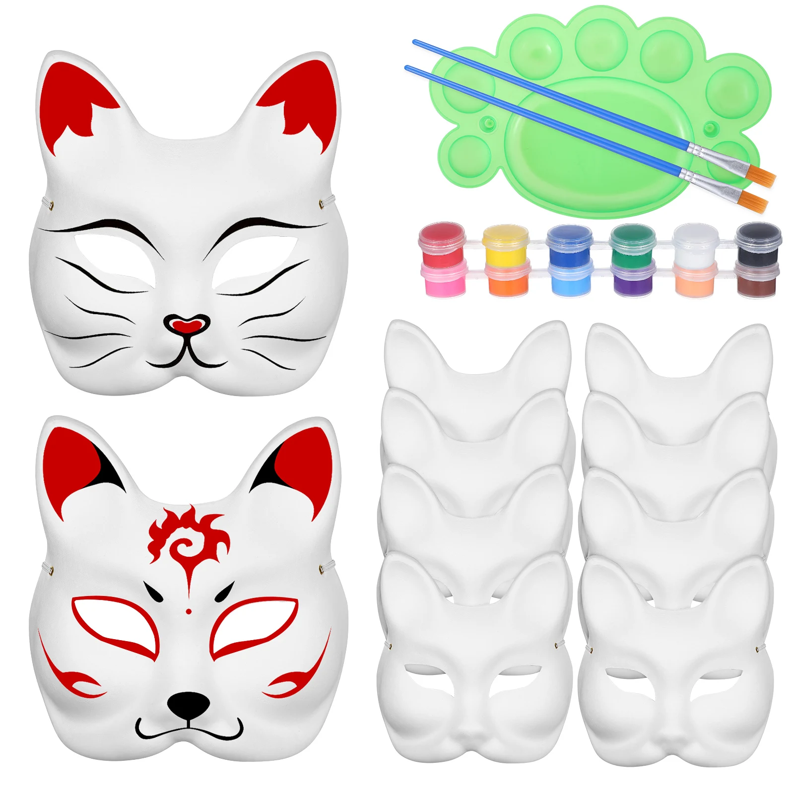 

10 Fox Masks 2ml 12 Colors 2 Pens DIY Blank Paper Craft Mask Set Halloween Cosplay Party Decorate Elastic Band Safe Material