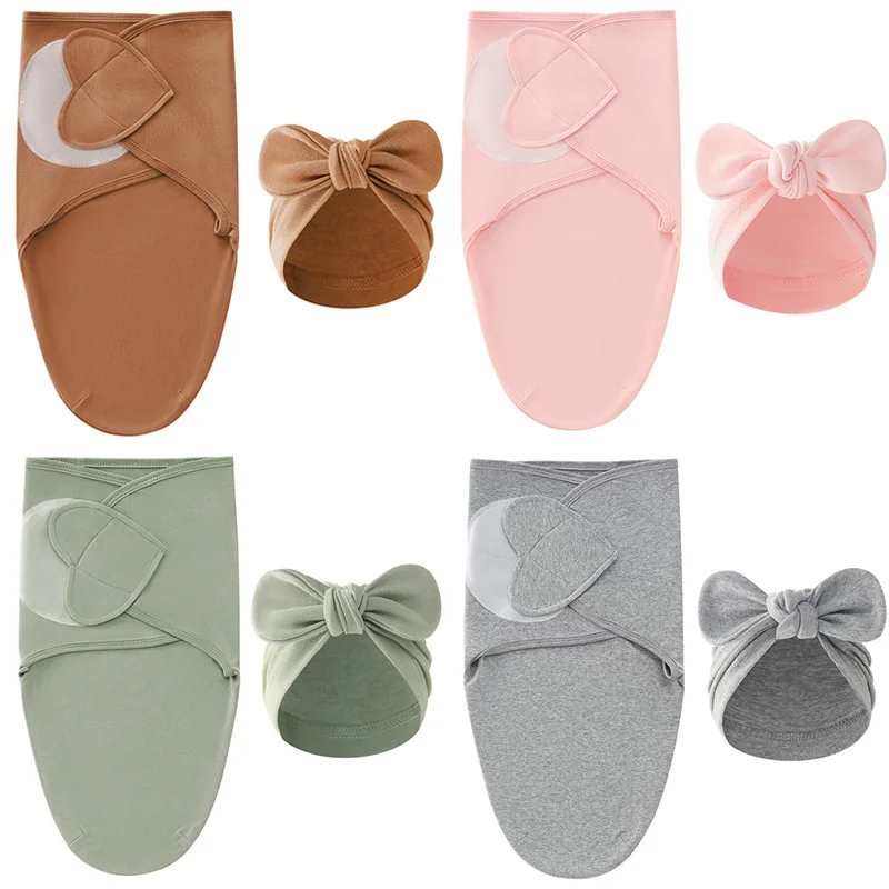 Love Heart Baby Blanket Bows Hat Set Cotton Newborn Swaddle Solid Color Infant Sleeping Swaddle Wraps for All Seasons New 0-24M