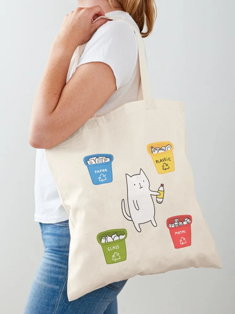 

the cat recycles plastic Tote Bag tote bags men Shopping bags foldable reusable bag canvas tote