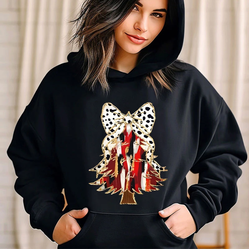 Sweet Colour Christmas Tree Graphic Y2K Hoodies Women Creative Leopard Print Bow Pullover Long Sleeve Fashion Xmas Party Hoody