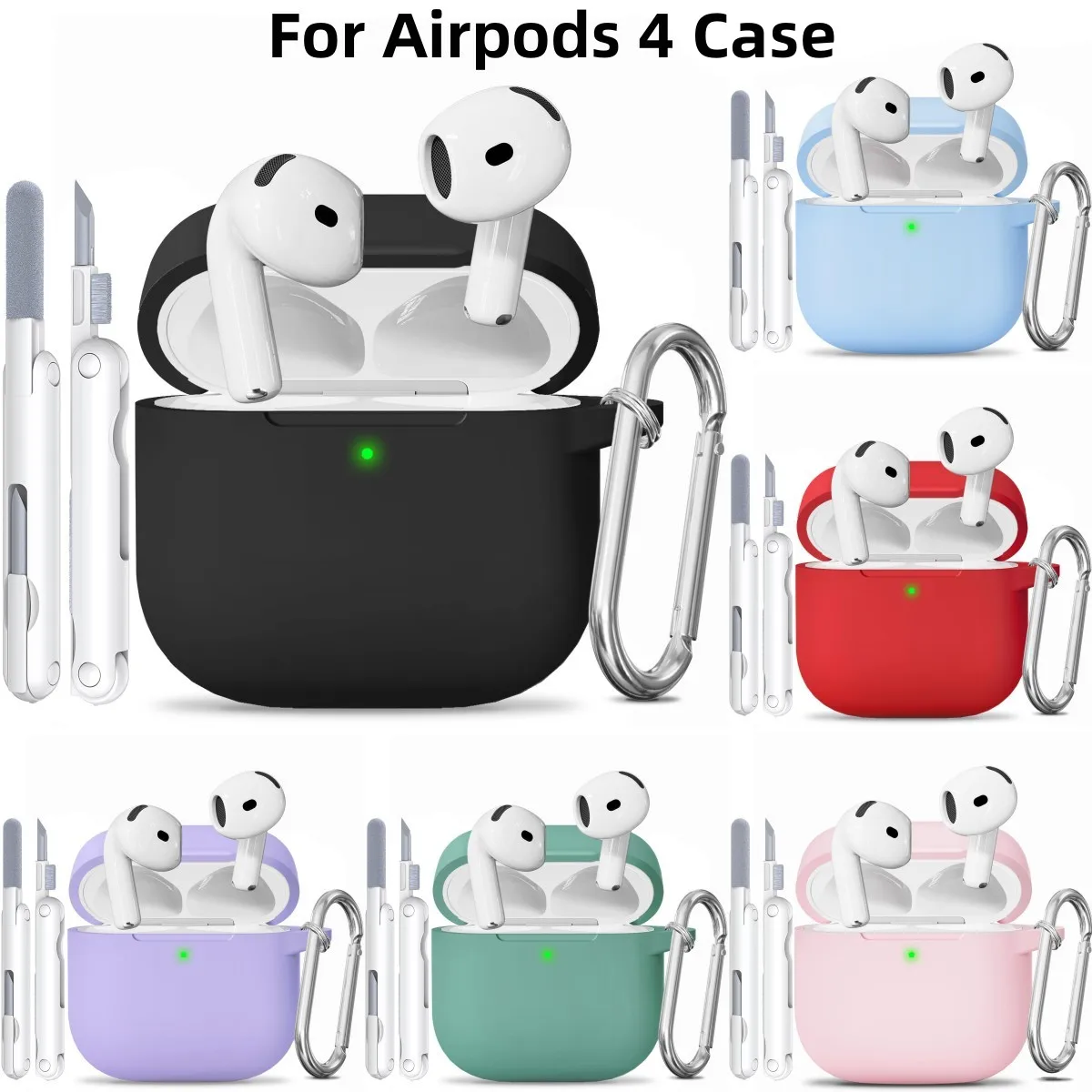 AirPods 4 케이스 소프트 실리콘 드롭 보호 Airpods 4 세대 2024 용 스크래치 방지 케이스 커버 (클리너 키트 키 체인 포함)