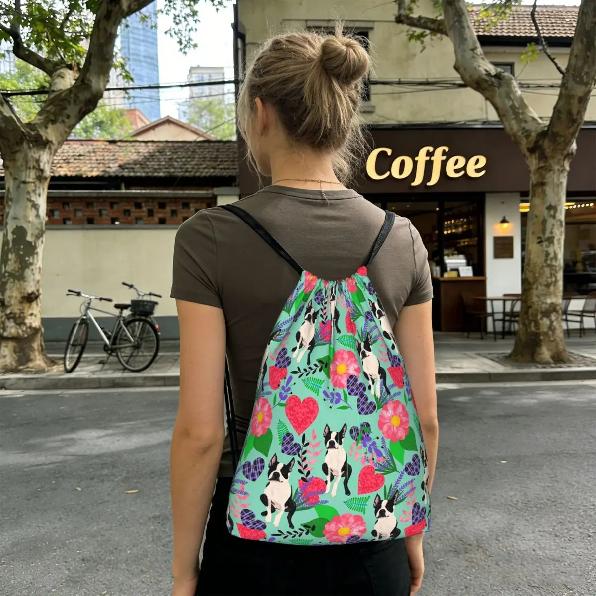 Cute Boston Terrier Dog Pattern Backpacks Multi-function Drawstring Bags Sports Bag Book Bags for Travel School