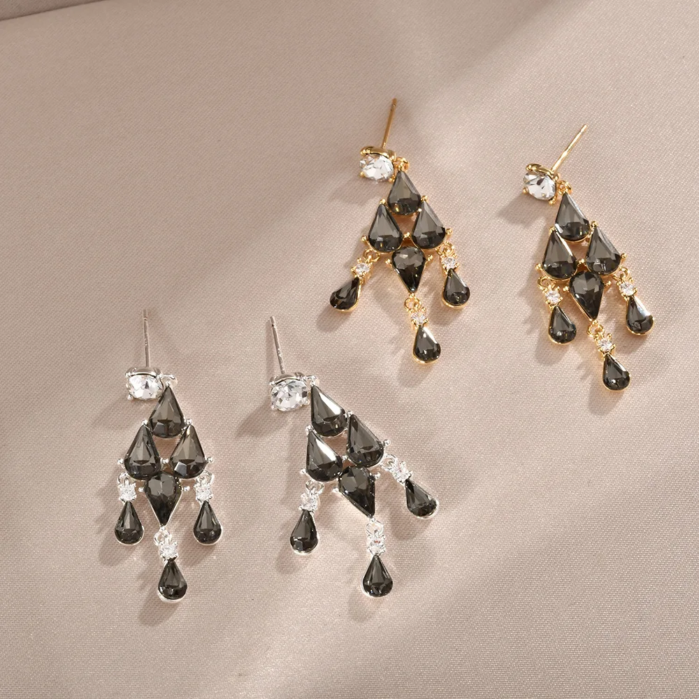 

European and American water drop zircon retro luxury earrings tassels versatile simple temperament jewelry