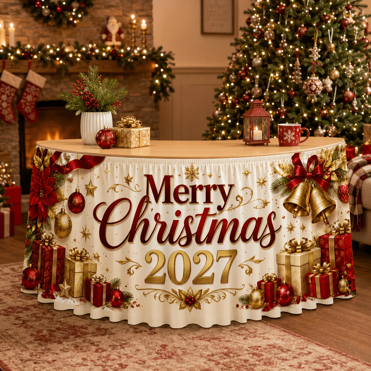 1 tablecloth table skirt, Merry Christmas 2027 tablecloth, golden bell decorative gift box, Christmas