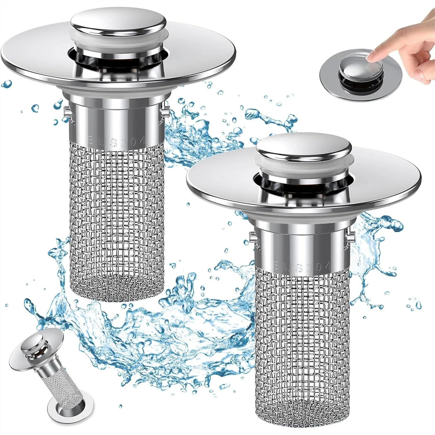 

Bathroom Sink Drain Strainer, Pop Up Drain Filter with Removable Stainless Steel Basket Hair Catcher, 2pcs