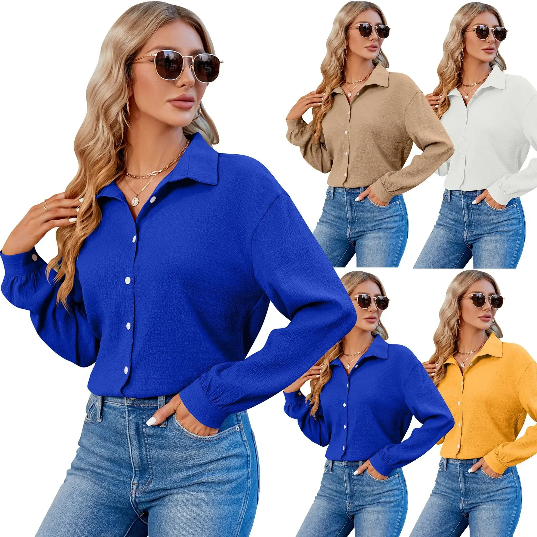 

2025 Women's New Spring Autumn Blouses Women's Top With Sleeves Female Solid Color Bubble Wrinkled Commute Loose Shirt Top 2025