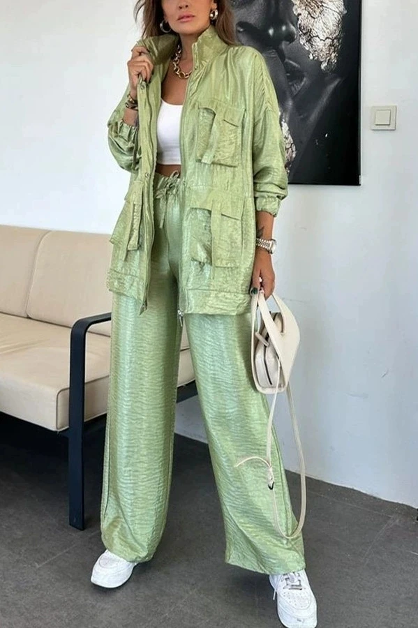 

High Street Multi-pockets Cargo Pants Sets Women Long Sleeve Jackets Trousers Two Piece Set Solid All Match 2 Piece Suits Female