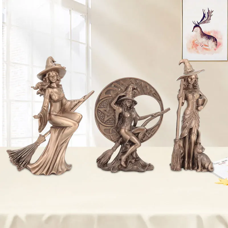 

Witch broom figurine, living room table top home decoration, wizard character statue, European style